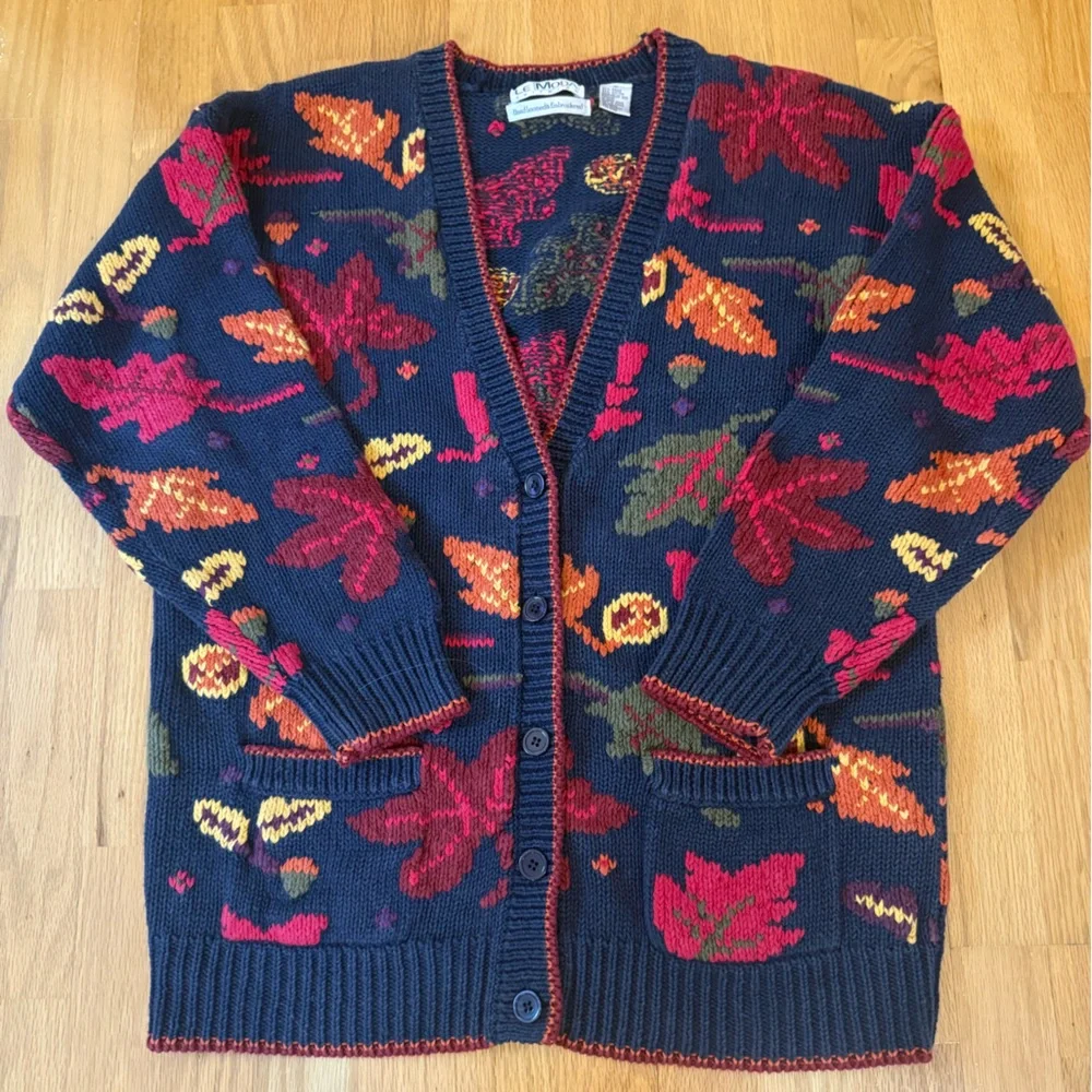 Le Moda Knitwear Hand Loomed Cotton Cardigan Leaves Fall Cottage Core Medium